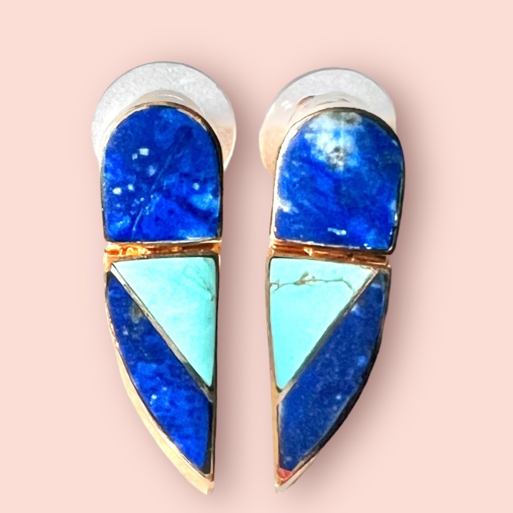 Post Earrings Genuine Stone Geometric Contemporary Minimal Blue Turquoise